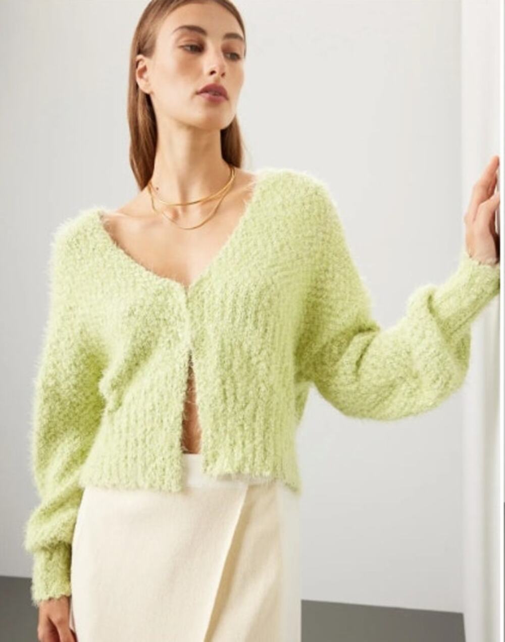 Louna Lime Green Knit Cropped Plunge Neckline Cardigan Sweater Size XS